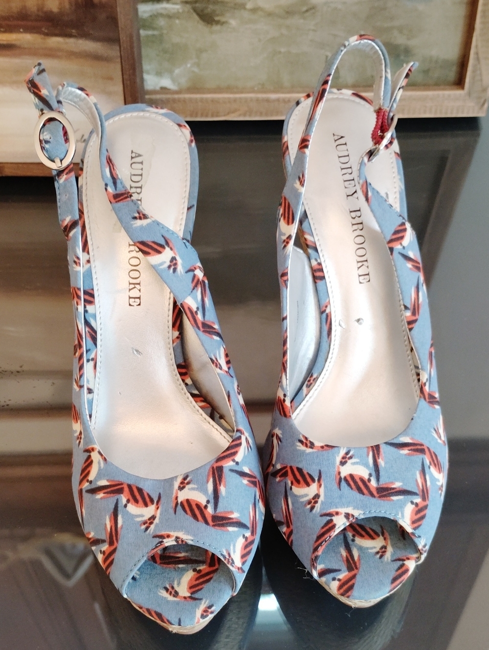 Audrey Brooke Blue Parot-Print Slingback Peep-Toe Heels